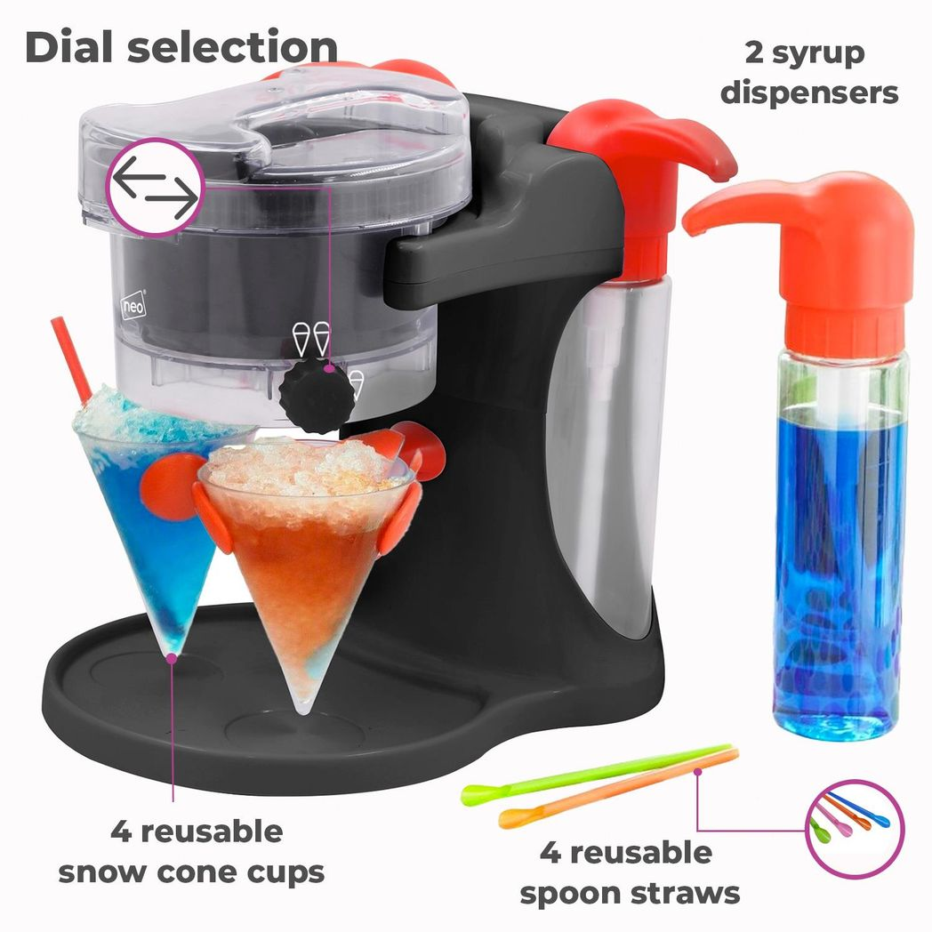 Neo Black Ice Snow Cone Maker Machine with Reusable Cups and Syrup Dispensers