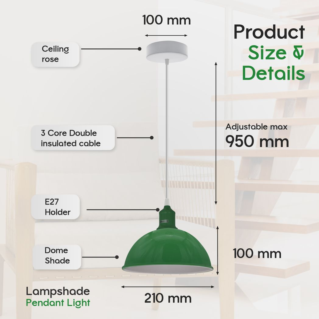2 Pack Green Vintage Retro Dome Metal Pendant Lamp Shades, Inner White