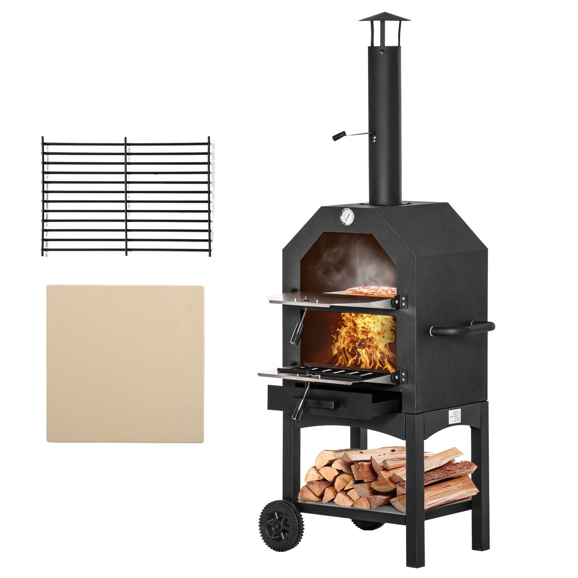 Outsunny Stainless Steel Outdoor Charcoal Pizza Oven with Thermometer and Chimney