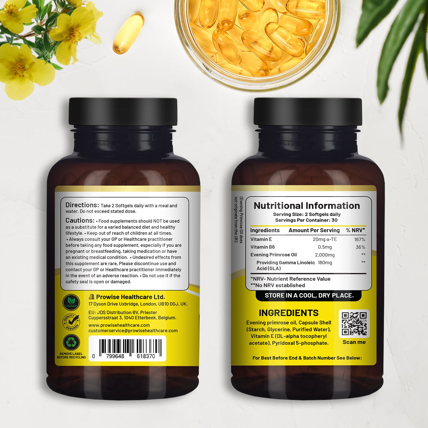 Prowise Healthcare Vegan Evening Primrose Oil 2000mg with Vitamin E & B6, 60 Vegan Softgels, Pure Cold Pressed, 180mg GLA per Capsule, Women's Health