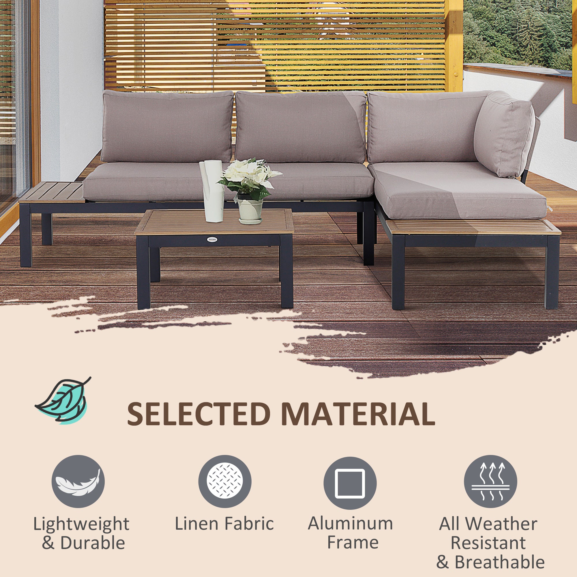 Outsunny 3-Piece Aluminium Frame Outdoor Lounge Set with Sofa, Chaise Lounge and Table, Mixed Grey