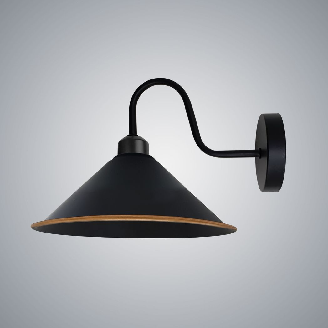 Vintage Black & Gold Wall Sconce, E27 Cone Shade Swan Neck Light