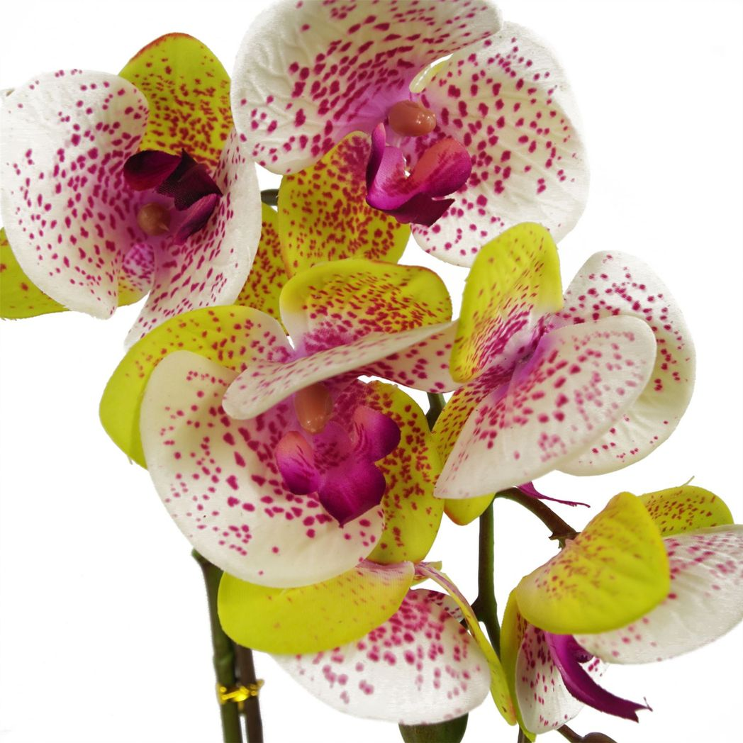 Leaf 46cm Artificial Harlequin Pink Orchid with 7 Real Touch Flowers in Decorative Plastic Pot