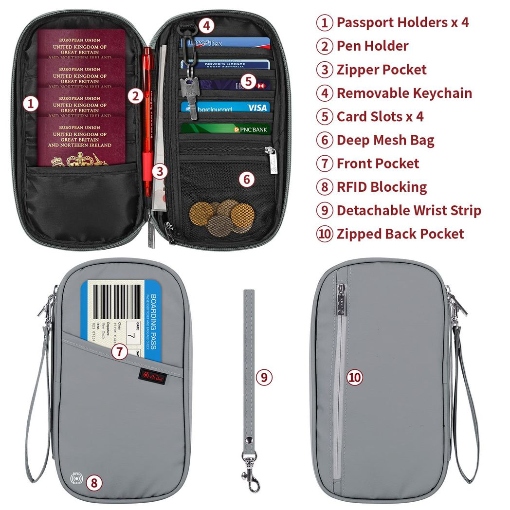 Vinsani Deluxe RFID Protected Passport Holder Travel Wallet Light Grey