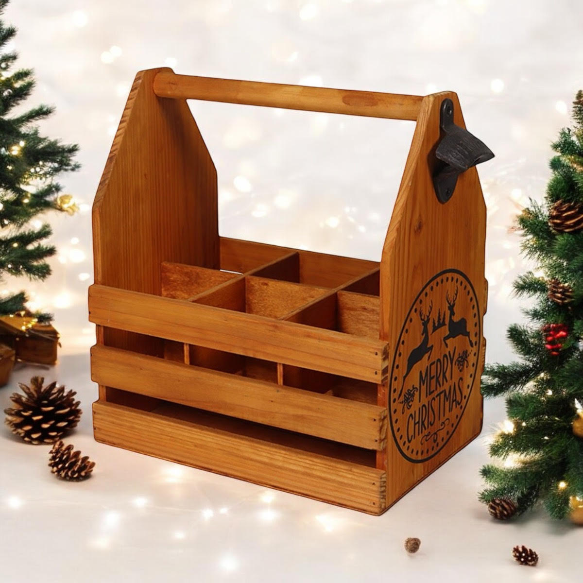 Rustic Hand-Finished Wooden 6 Bottle Holder with Metal Opener