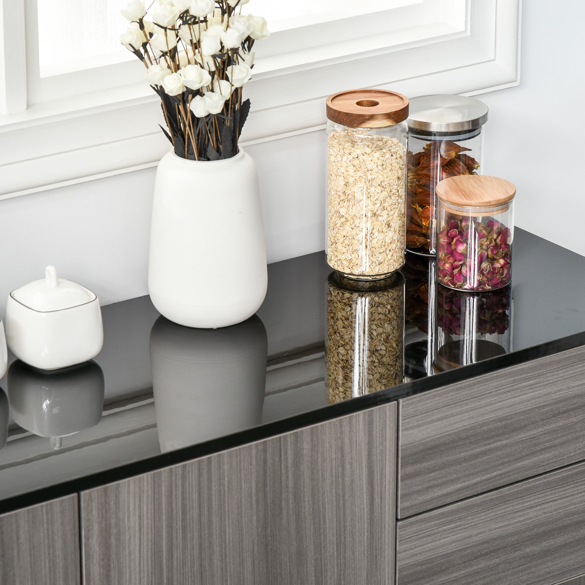 Side Cabinet with 2 Doors and 2 Drawers, Freestanding Home Office Storage Cabinet, Grey Black