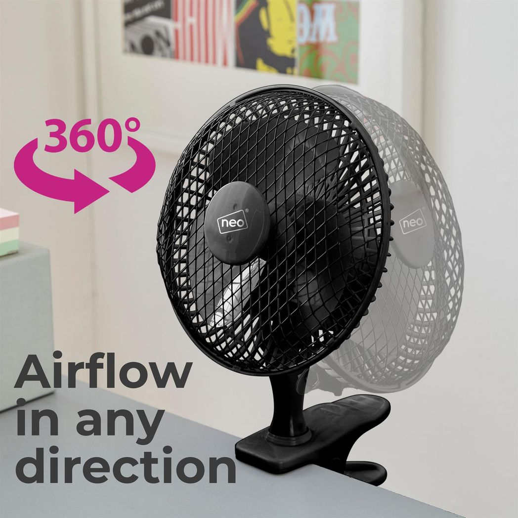 Neo 6-Inch Clip-On or Base Mount Desk Fan, 2-Speed, 360° Rotatable, Black