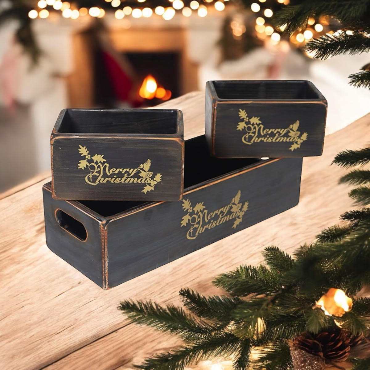 Set of 3 Hand Finished Black Christmas Wooden Boxes 34/15/15cm