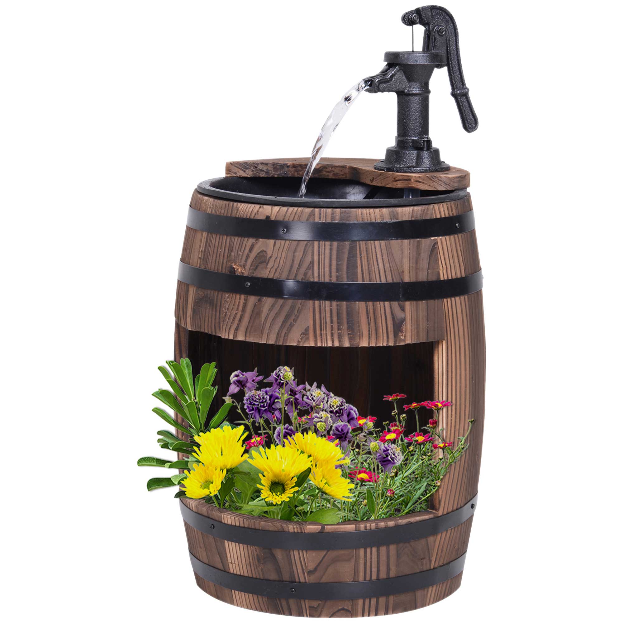 Outsunny Retro Wood Barrel Water Pump Garden Fountain with Adjustable Flow