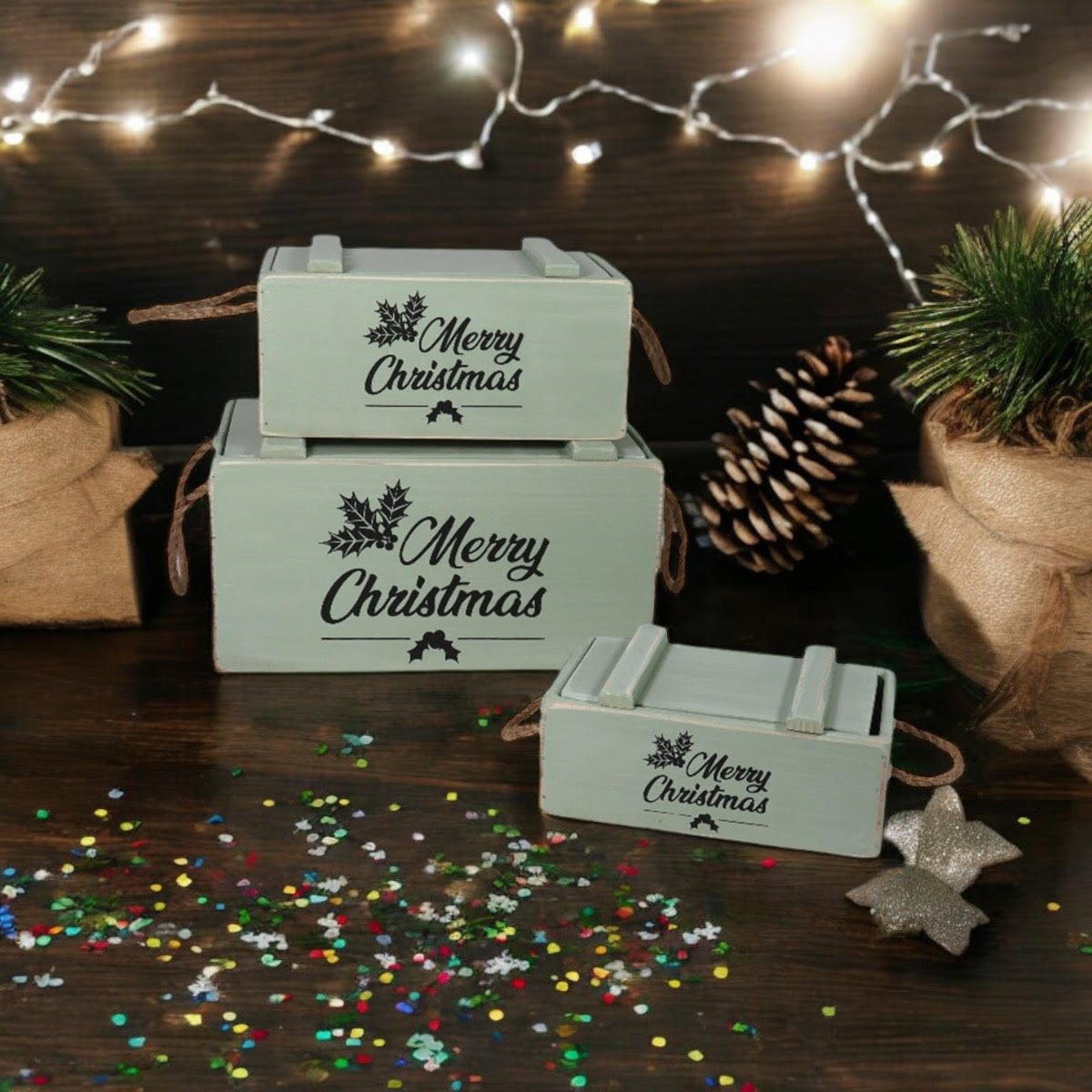 MSL Set of 3 Rustic Green Wooden Christmas Crates with Lids and Rope Handles, Hand Finished