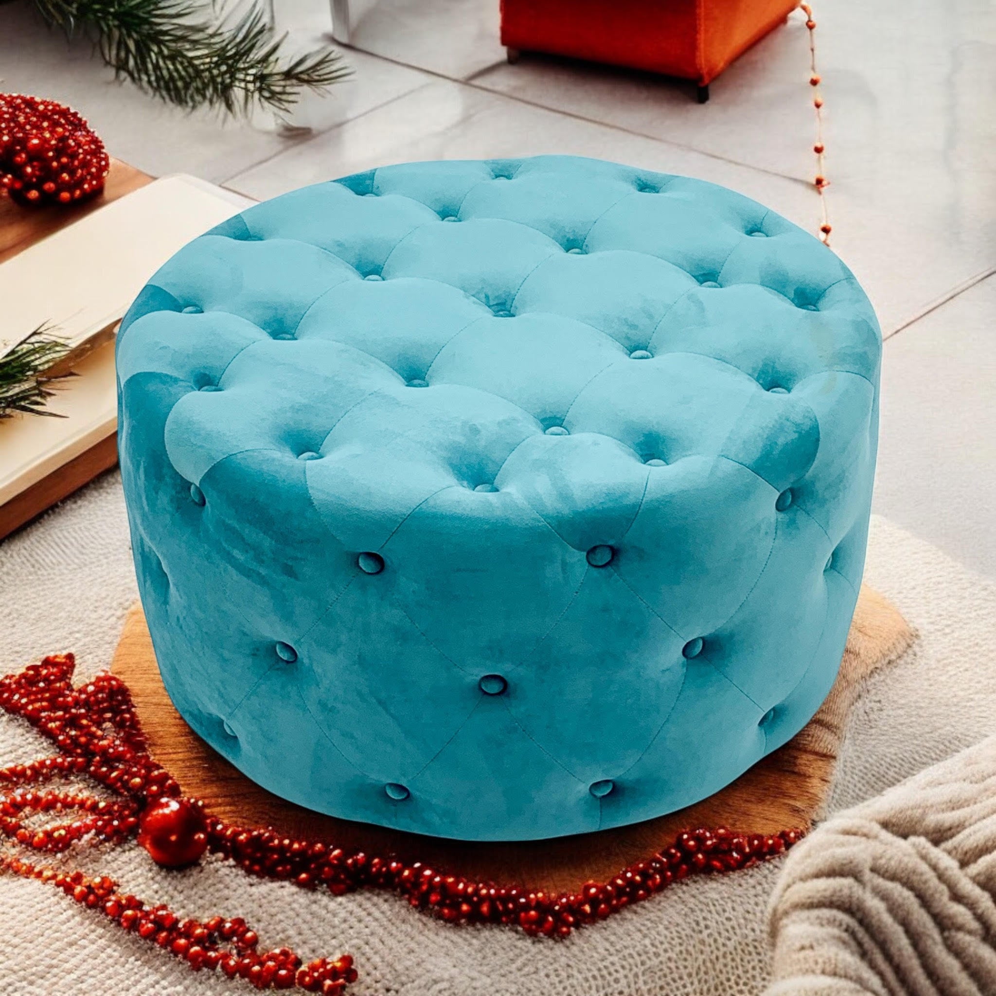 MSL 80 x 80cm Blue Buttoned Round Footstool Ottoman