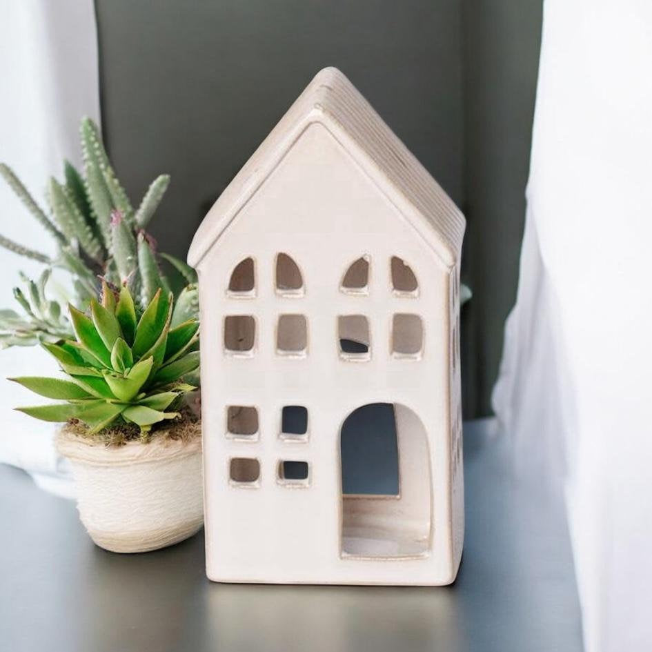 17cm Cream Ceramic House Tealight Holder for Indoor or Outdoor Use
