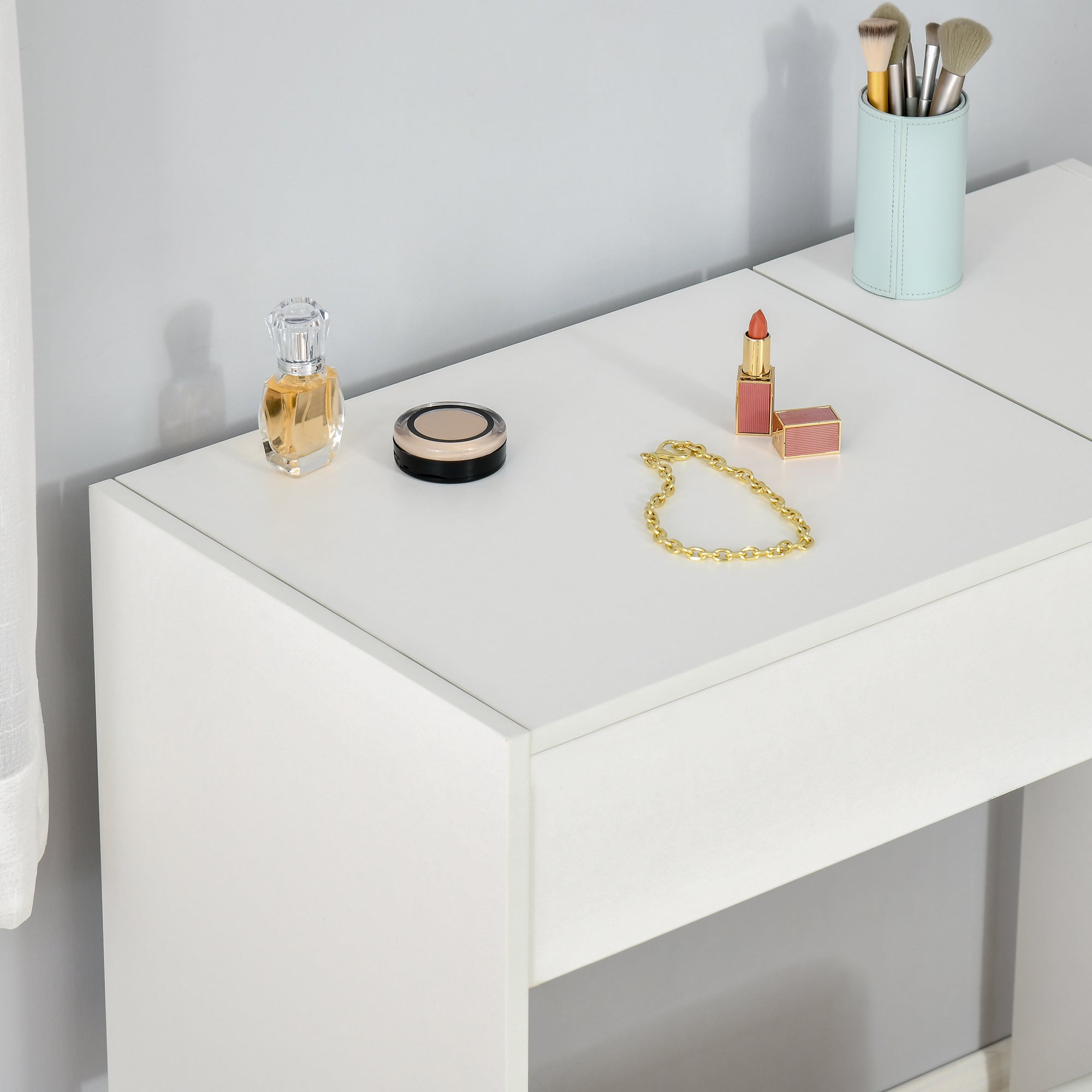 HOMCOM White 2-in-1 Dressing Table and Writing Table with Padded Stool, Flip-Top Mirror, Storage Compartment and Drawer