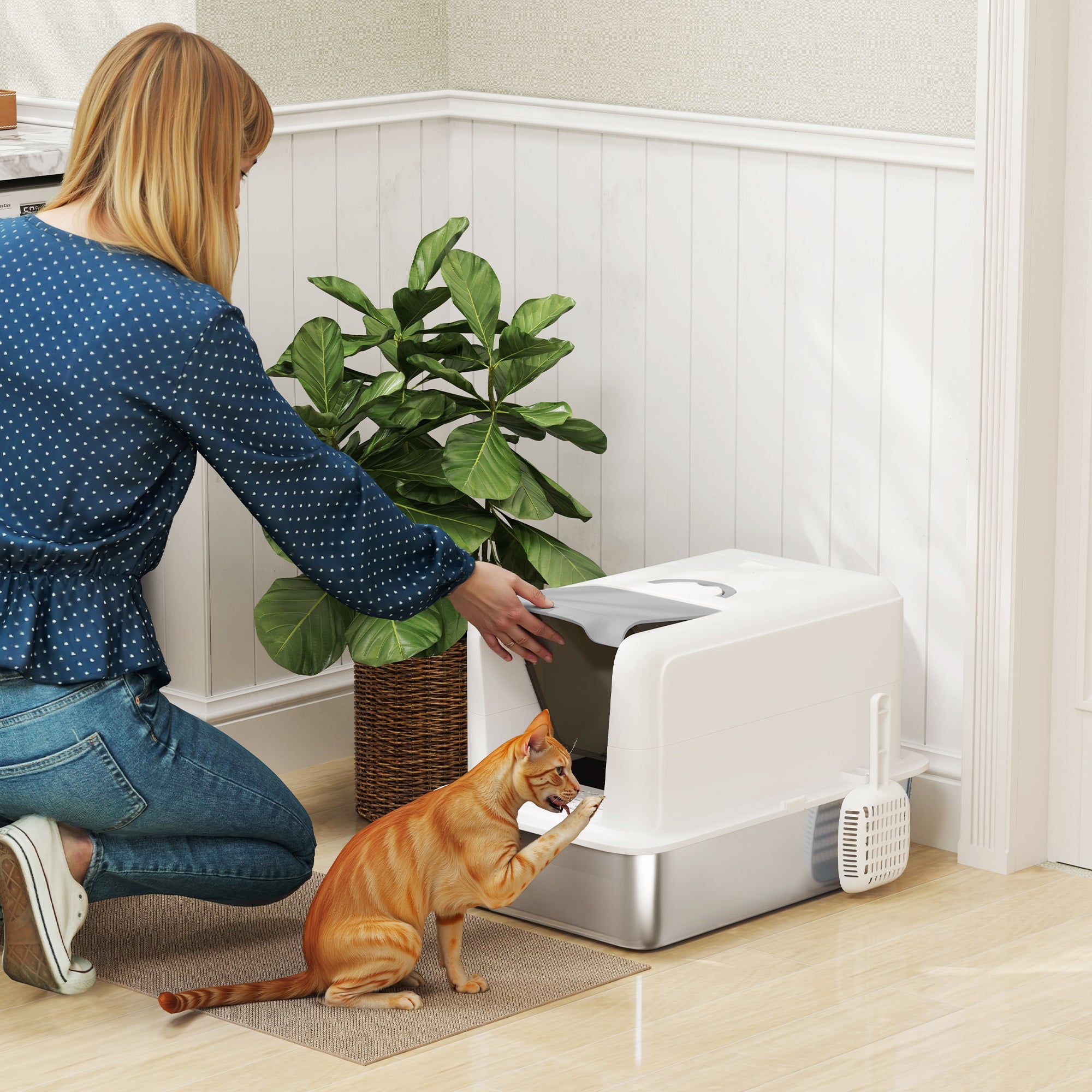 PawHut Stainless Steel Enclosed Cat Litter Box with Removable Lid and Scoop, White