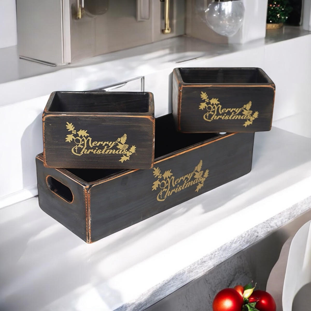 Set of 3 Hand Finished Black Christmas Wooden Boxes 34/15/15cm