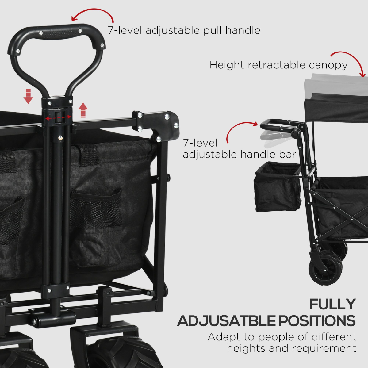 Outsunny Folding Trolley Cart Wagon with Canopy, 4 Wheels, Black
