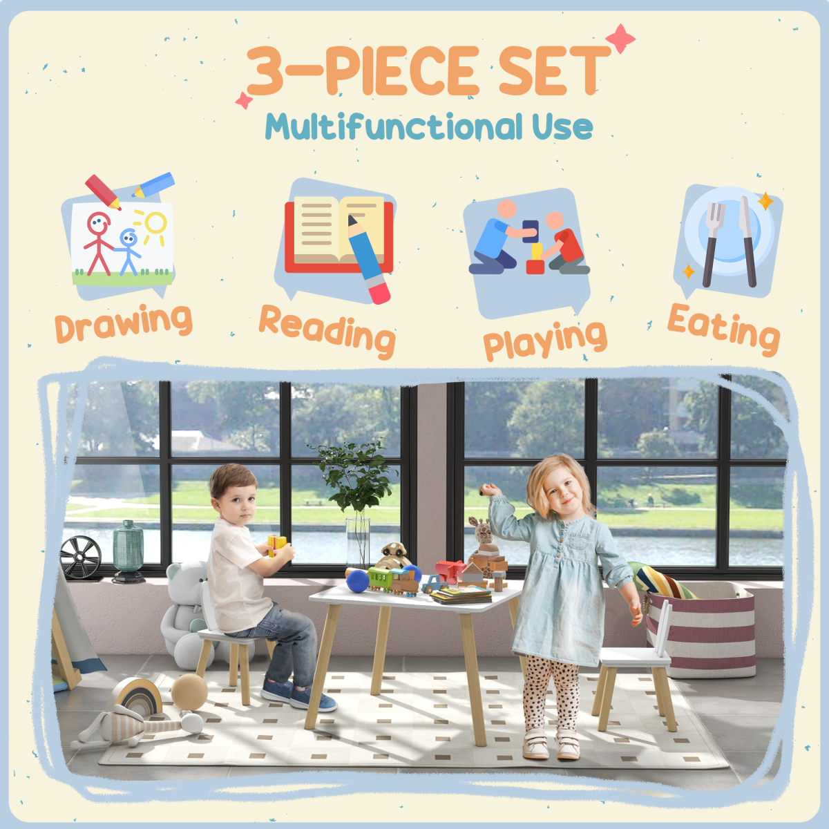 AIYAPLAY 3-Piece Toddler Table and Chair Set, Bunny Ear Design