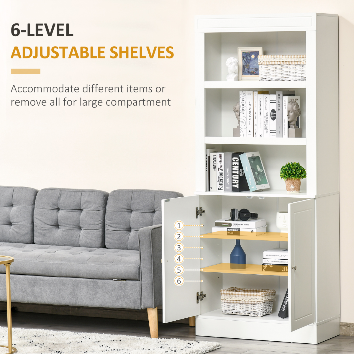 HOMCOM White Kitchen Cupboard with 6-Tier Shelving, Double Door Sideboard