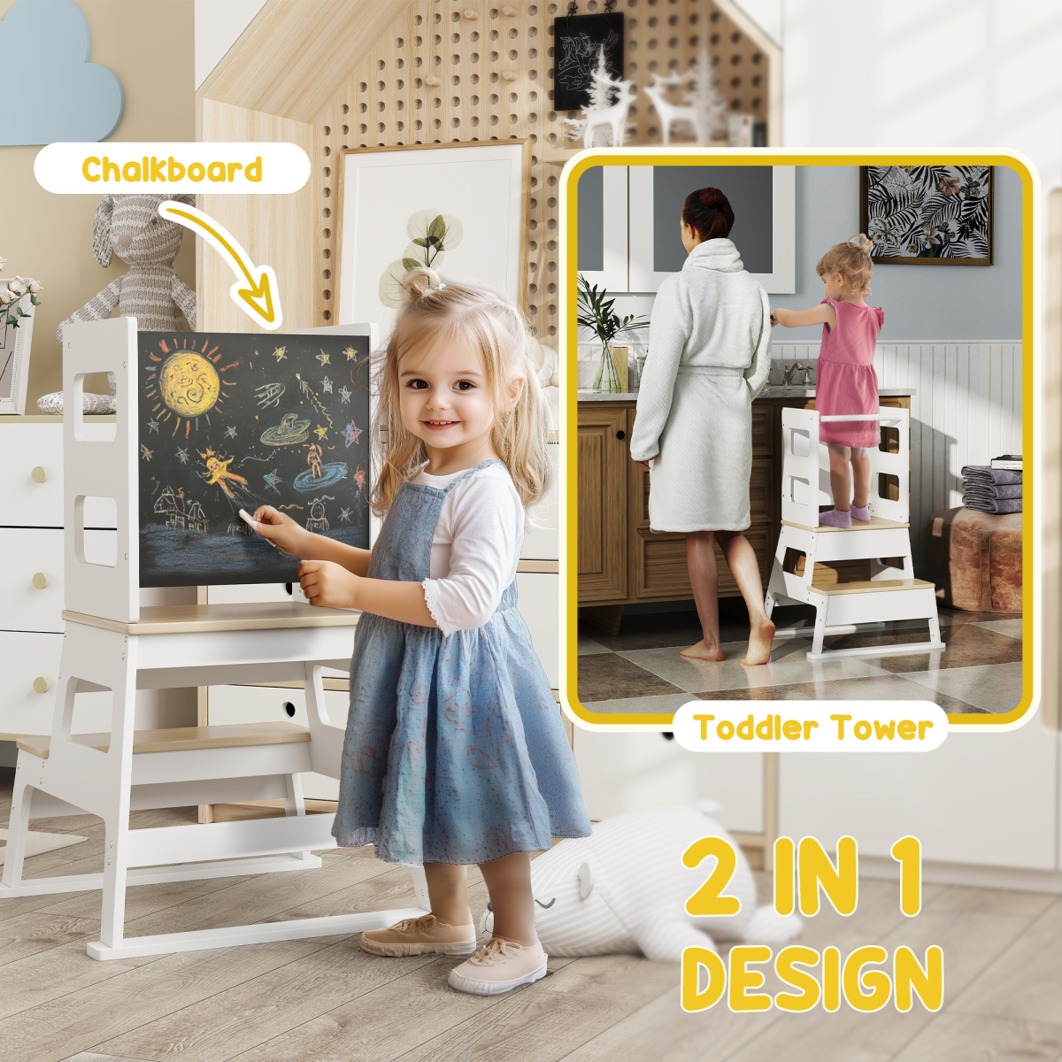 AIYAPLAY 2-in-1 Toddler Tower with Chalkboard & Safety Rail