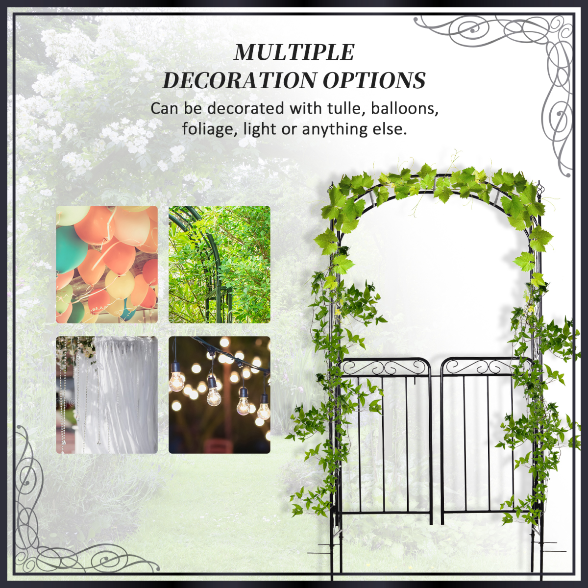 Metal Garden Arch Gate with Trellis for Climbing Plants