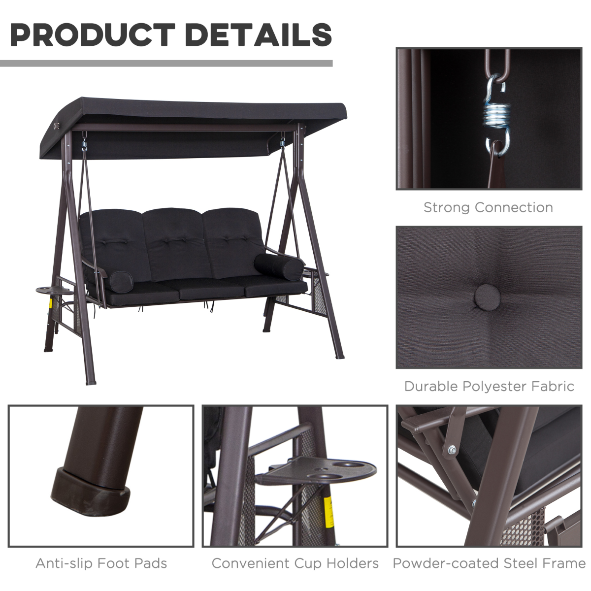 Outsunny 3 Seater Garden Swing Chair with Canopy & Cup Trays, Black