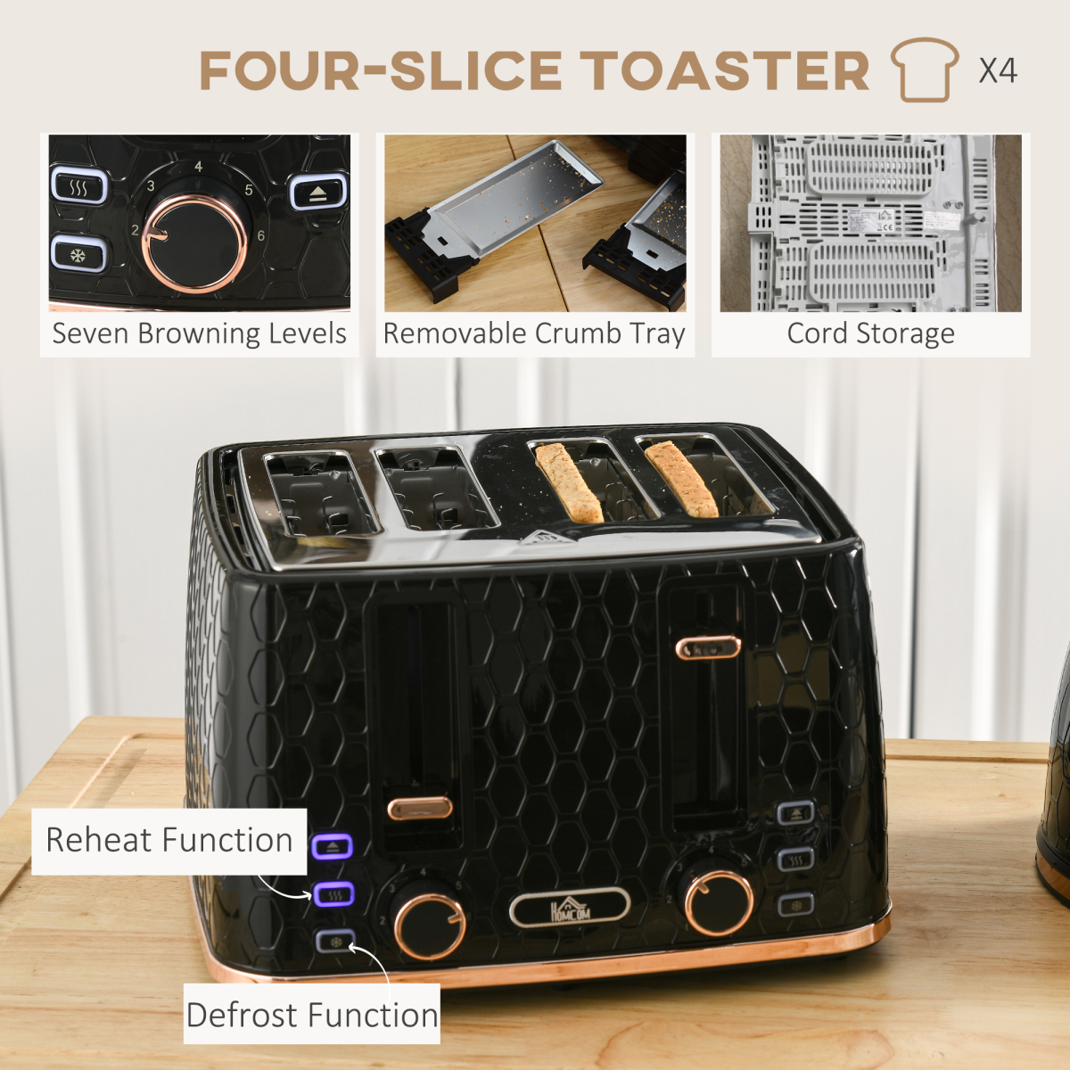 HOMCOM 1.7L Kettle and 4-Slice Toaster Set, Black, Defrost & Reheat