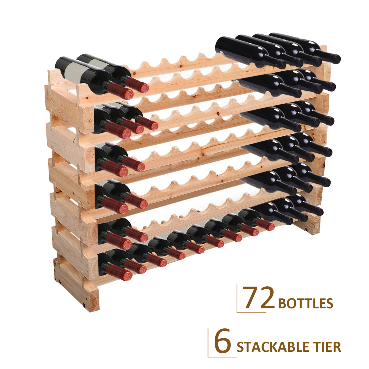 HOMCOM Wooden 72-Bottle 6-Tier Stackable Standing Wine Rack Shelf Storage Holder