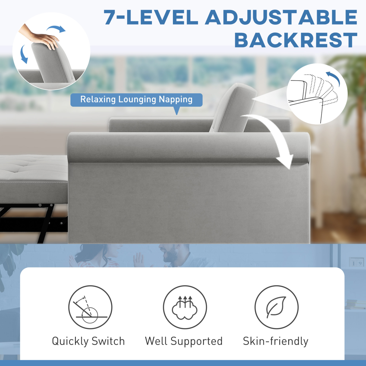HOMCOM Grey Convertible Pull Out Sleeper Sofa Bed, Two-Seater