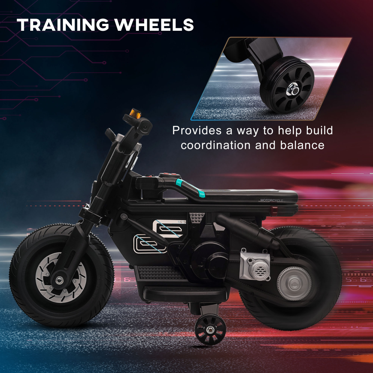6V Kids Electric Motorbike with Training Wheels, Black, Ages 3-5