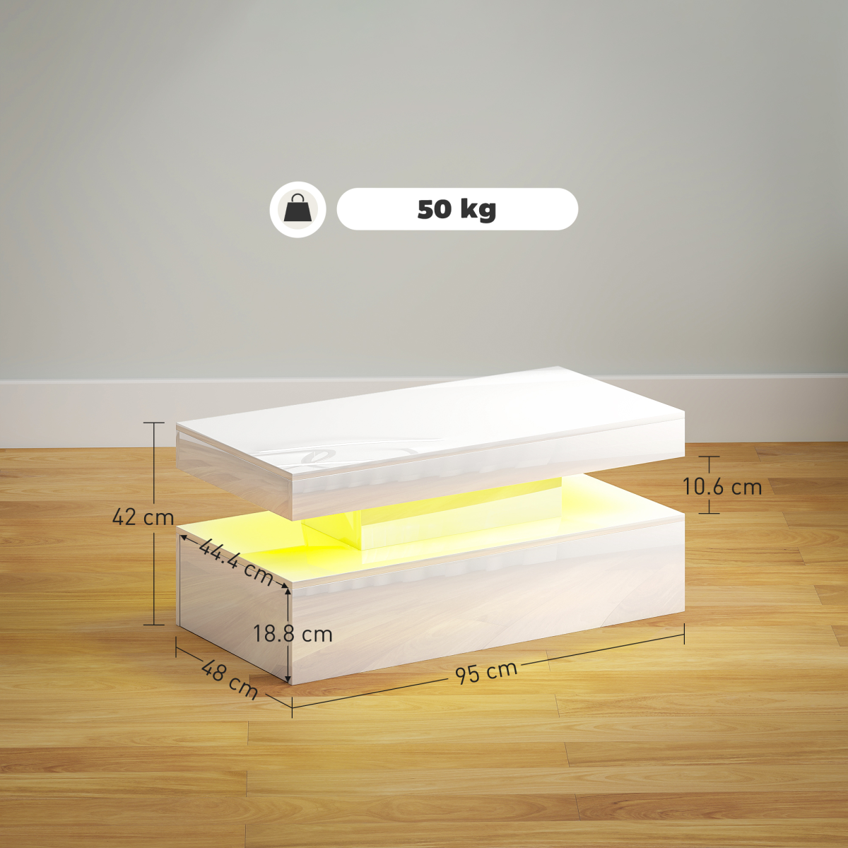 HOMCOM LED Coffee Table with Storage, High Gloss, White