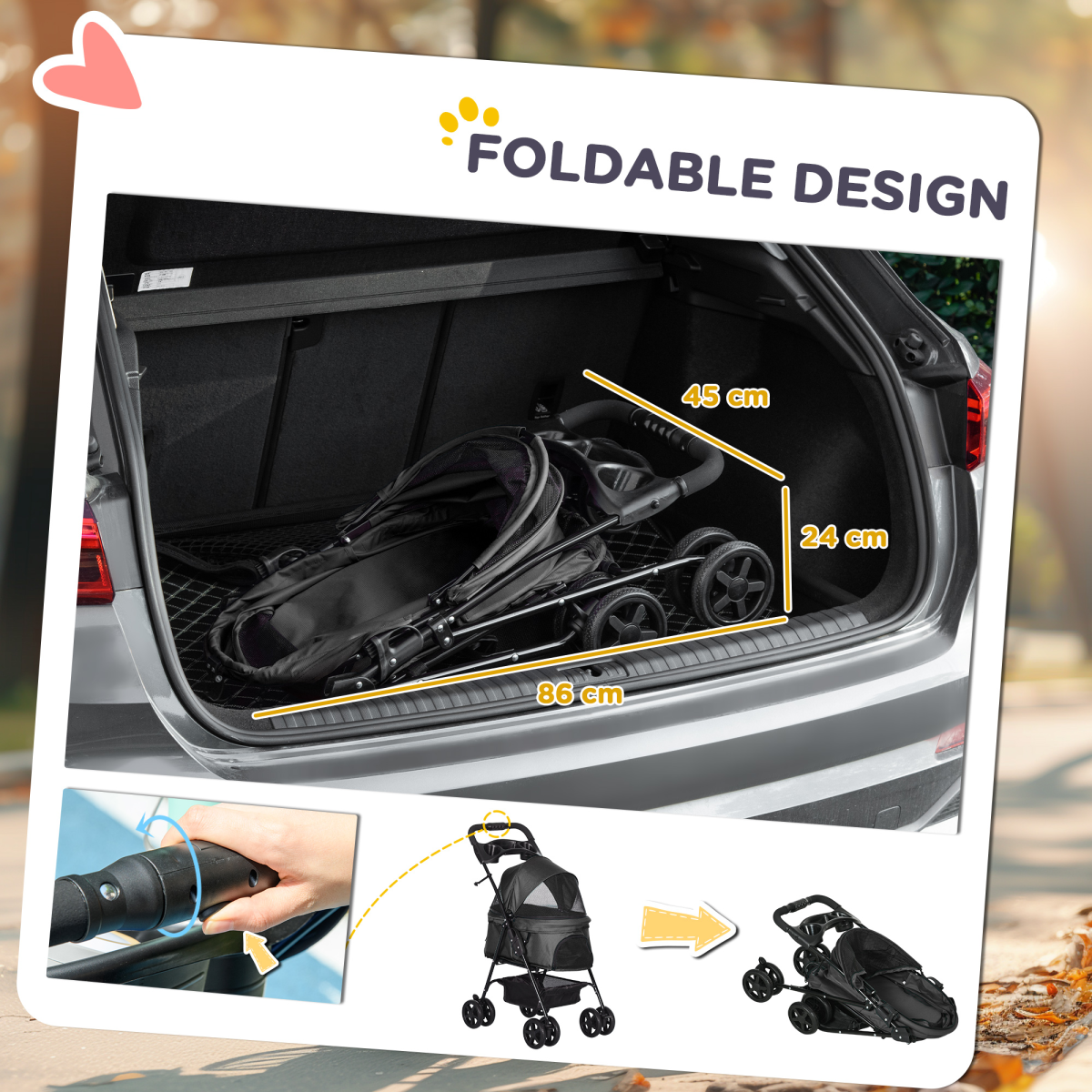 PawHut Foldable Pet Stroller with Brakes, Basket & Canopy, Black