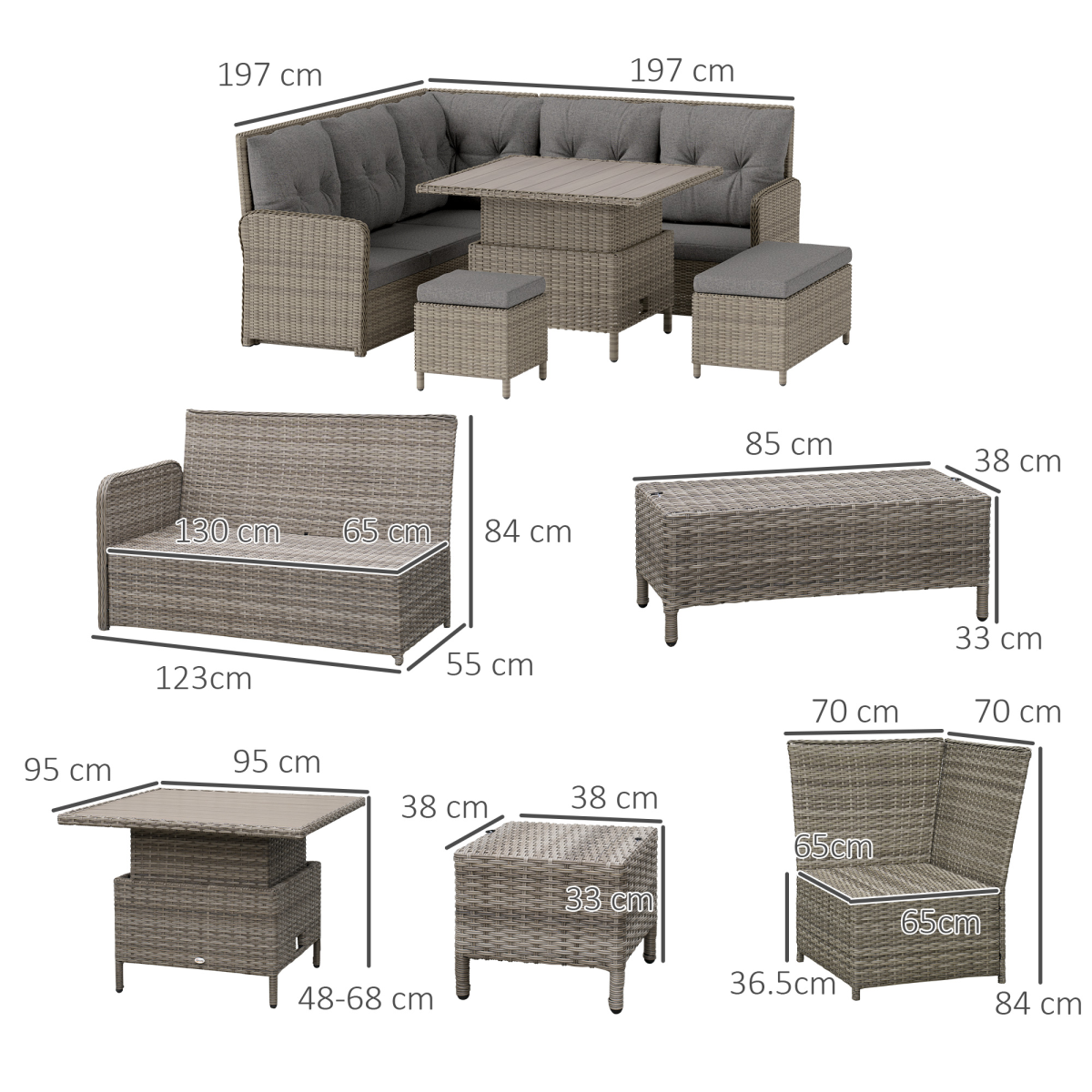 Outsunny 6-Piece Rattan Garden Corner Sofa Set, Light Grey