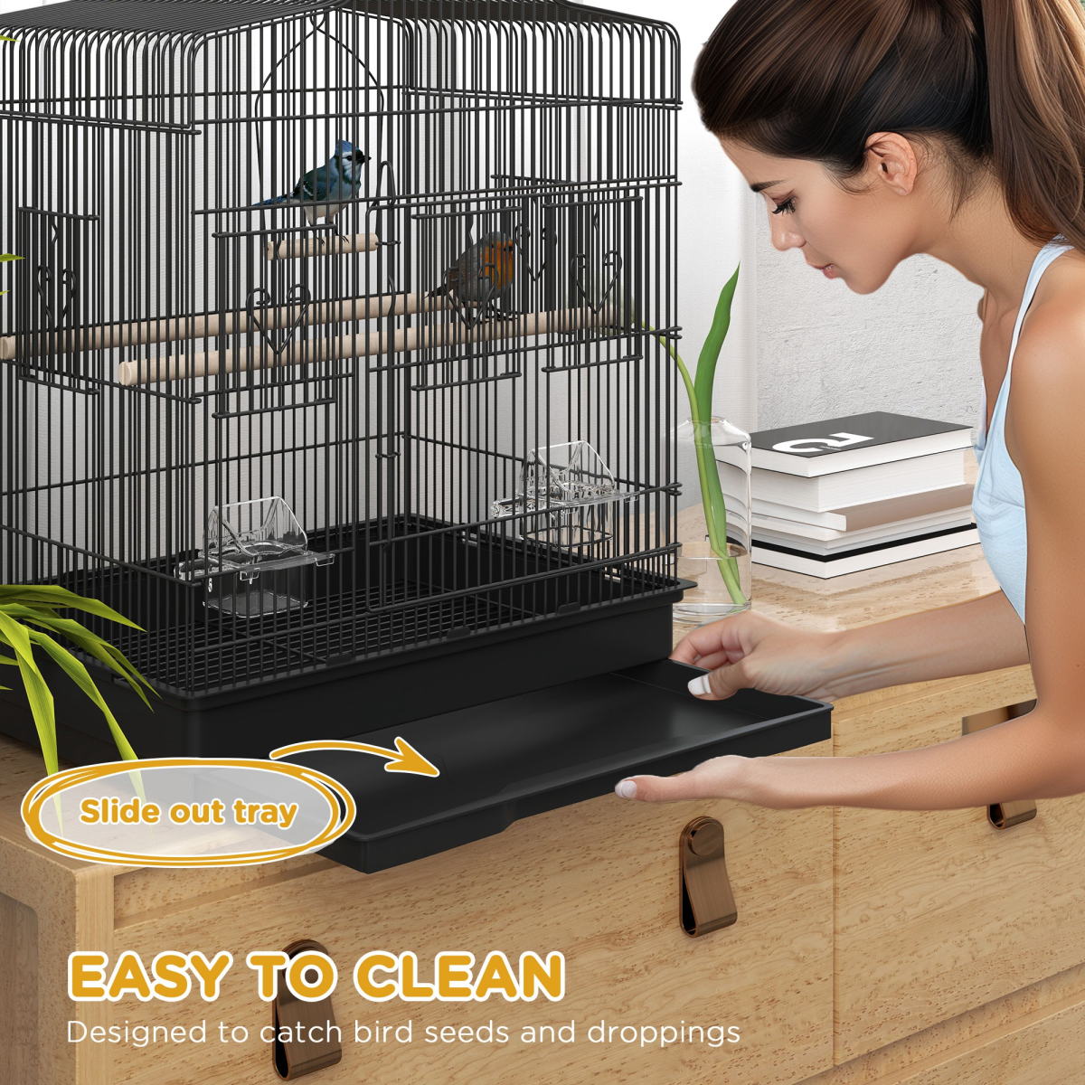 PawHut 59cm Large Black Bird Cage with Perches, Bowls, Swing