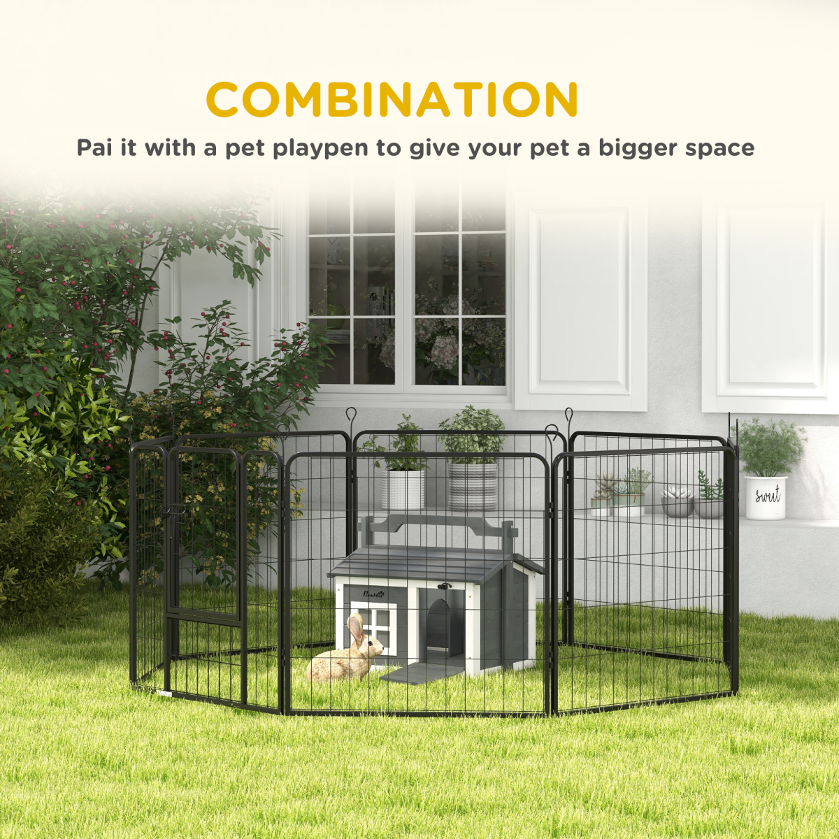 PawHut Indoor Outdoor Rabbit Hutch with Openable Roof - Grey