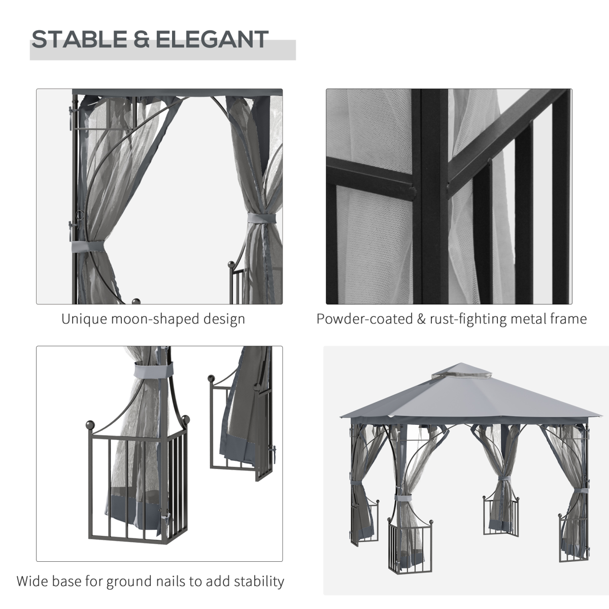 3x3m Garden Gazebo with Mesh Sidewalls, Steel Frame, Light Grey
