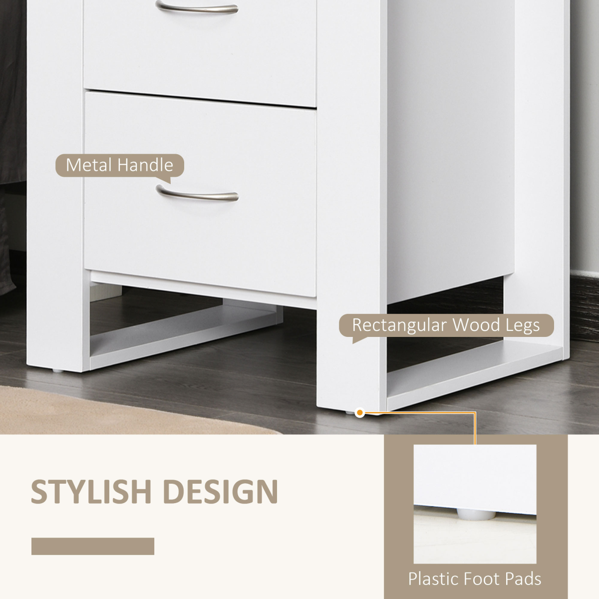 HOMCOM White Particle Board 2-Drawer Bedside Table with Silver Handles