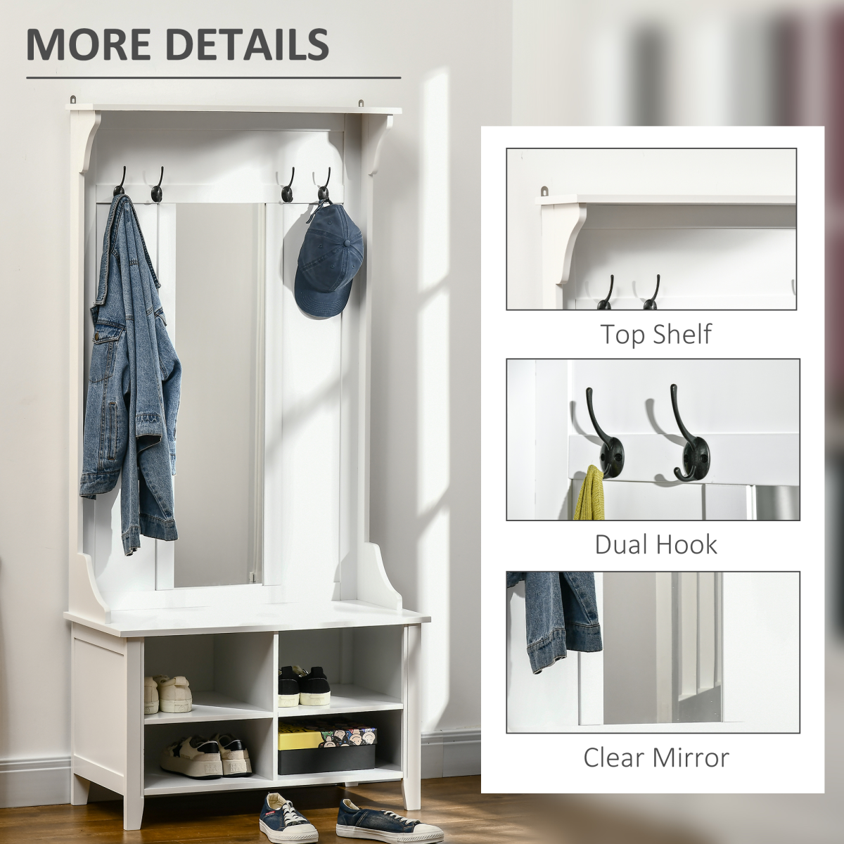 HOMCOM 3-in-1 Mirrored Shoe Cabinet with 4 Coat Hooks, Top Shelf, 4 Shoe Storage Cubes, White, 80 x 40 x 170 cm