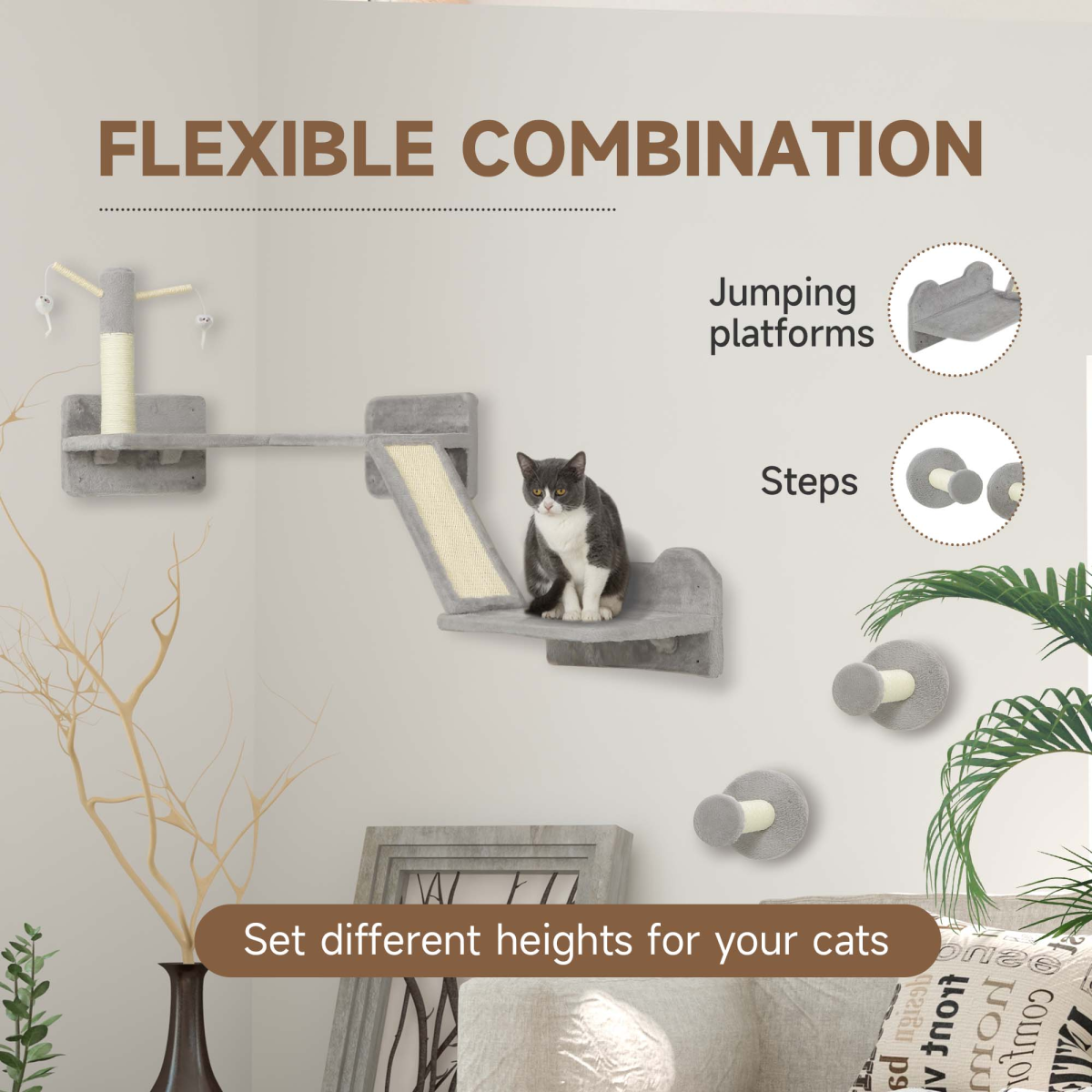 PawHut 3-Piece Wall-Mounted Corner Cat Shelves, Light Grey