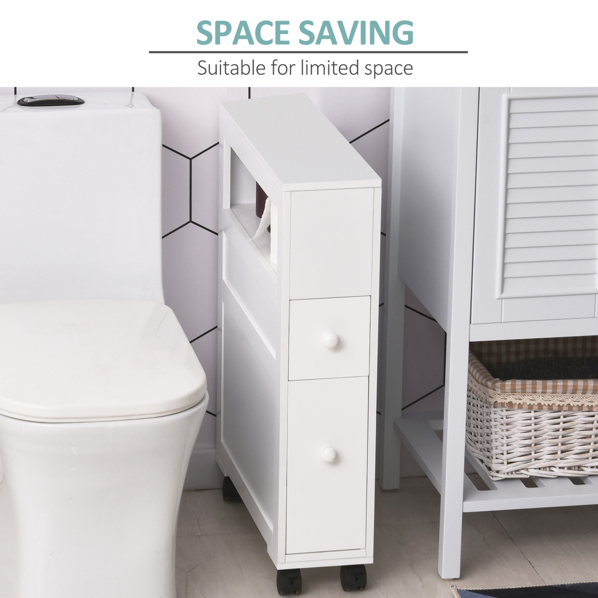72 x 16cm Narrow Bathroom Storage Unit with 2 Drawers, Open Top and 4 Wheels