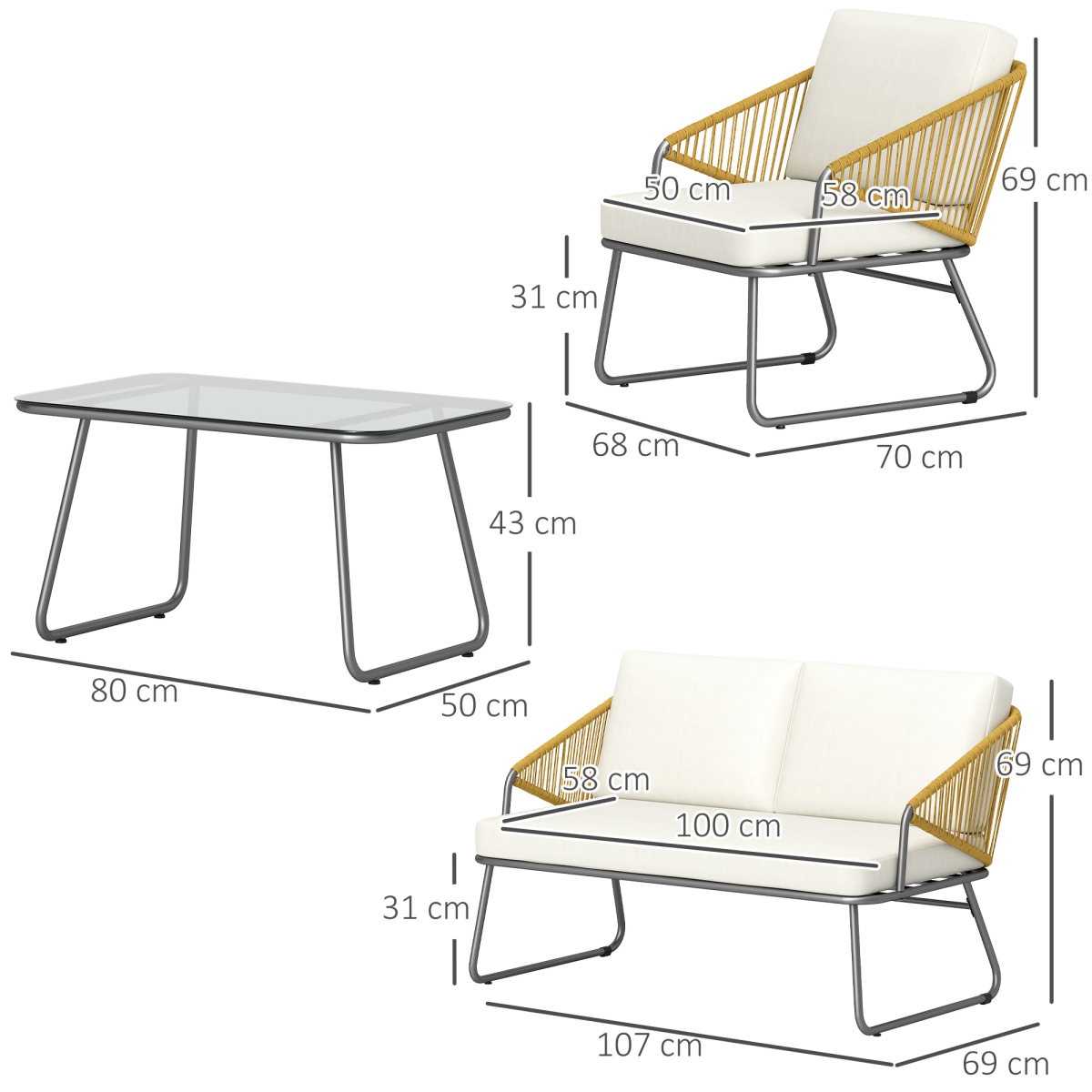 Outsunny 4-Piece Rattan Garden Furniture Set with Cushions, Loveseat, 2 Chairs and Coffee Table, Natural Wood Finish