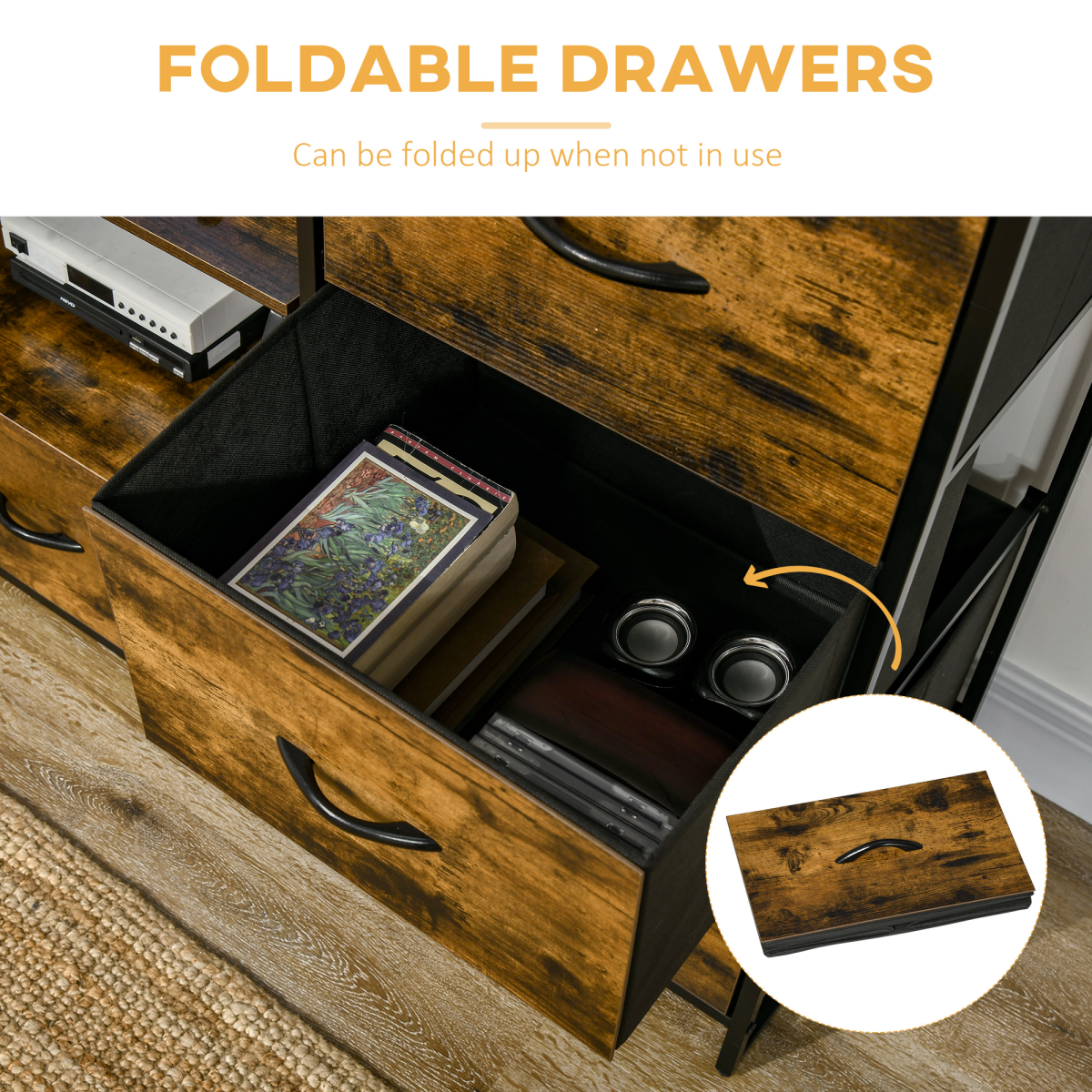 Industrial Storage Cabinet with 2 Shelves and 3 Fabric Drawers Rustic Brown