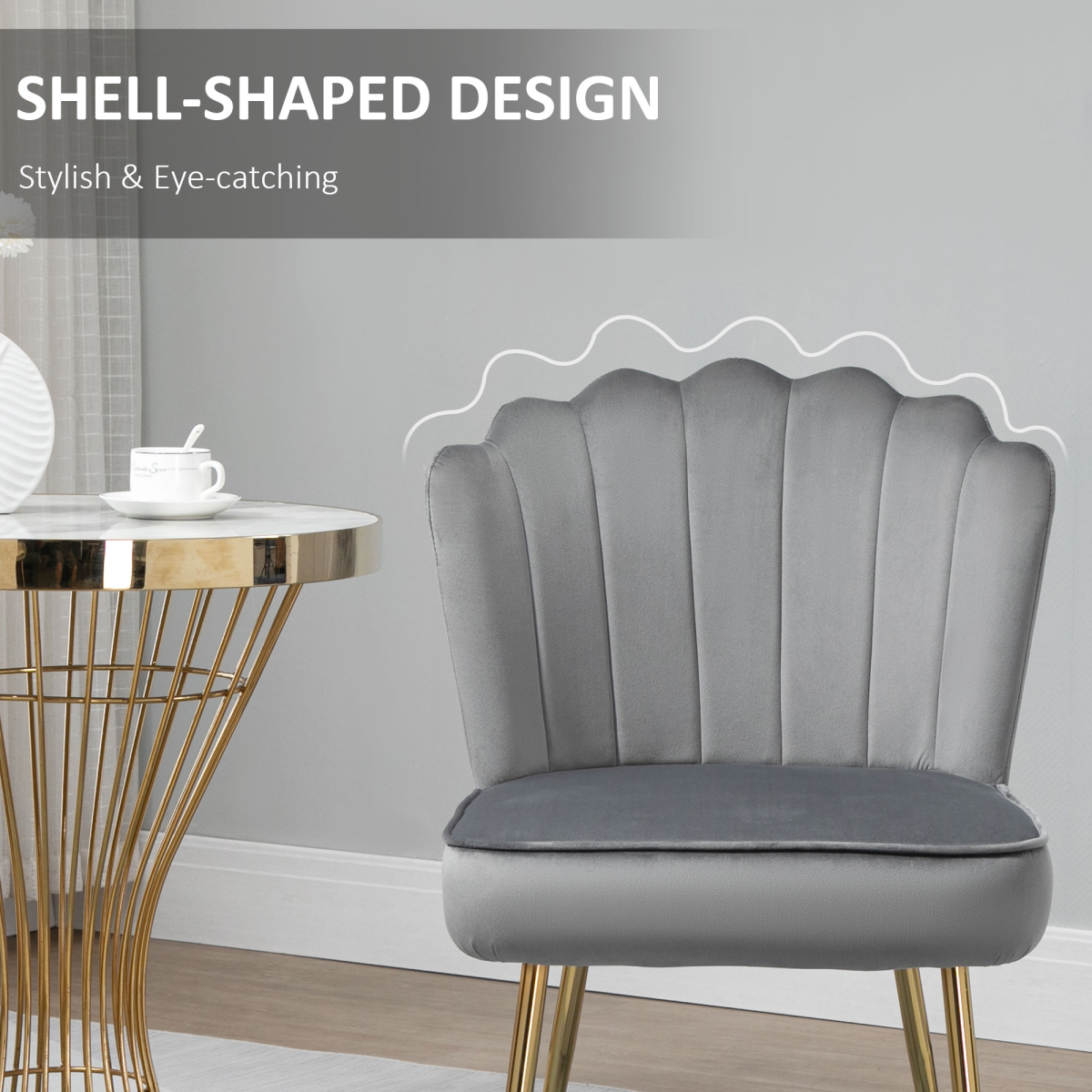 HOMCOM Shell Accent Chair, Velvet-Feel Upholstered, Metal Legs, Grey