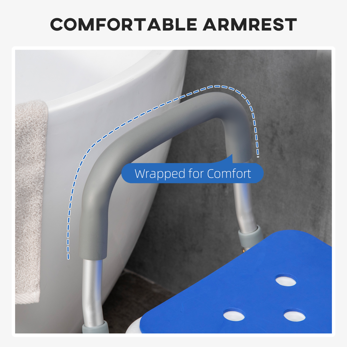 EVA Padded Adjustable Height Shower Stool with Back and Arms, 4 Suction Foot Pads