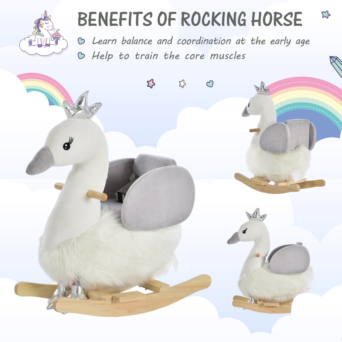 HOMCOM Kids Ride-On Rocking Swan with Sound, Seat Belt & Plush Seat