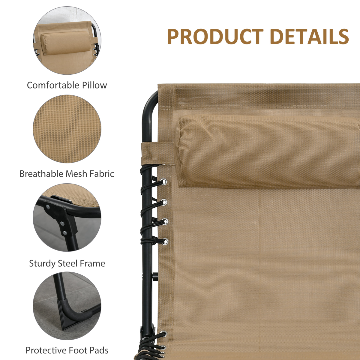 Outsunny Portable Sun Lounger with 5-Position Adjustable Backrest, Removable Pillow, Side Pocket, Foldable Steel Frame, Weather-Resistant Mesh Seat