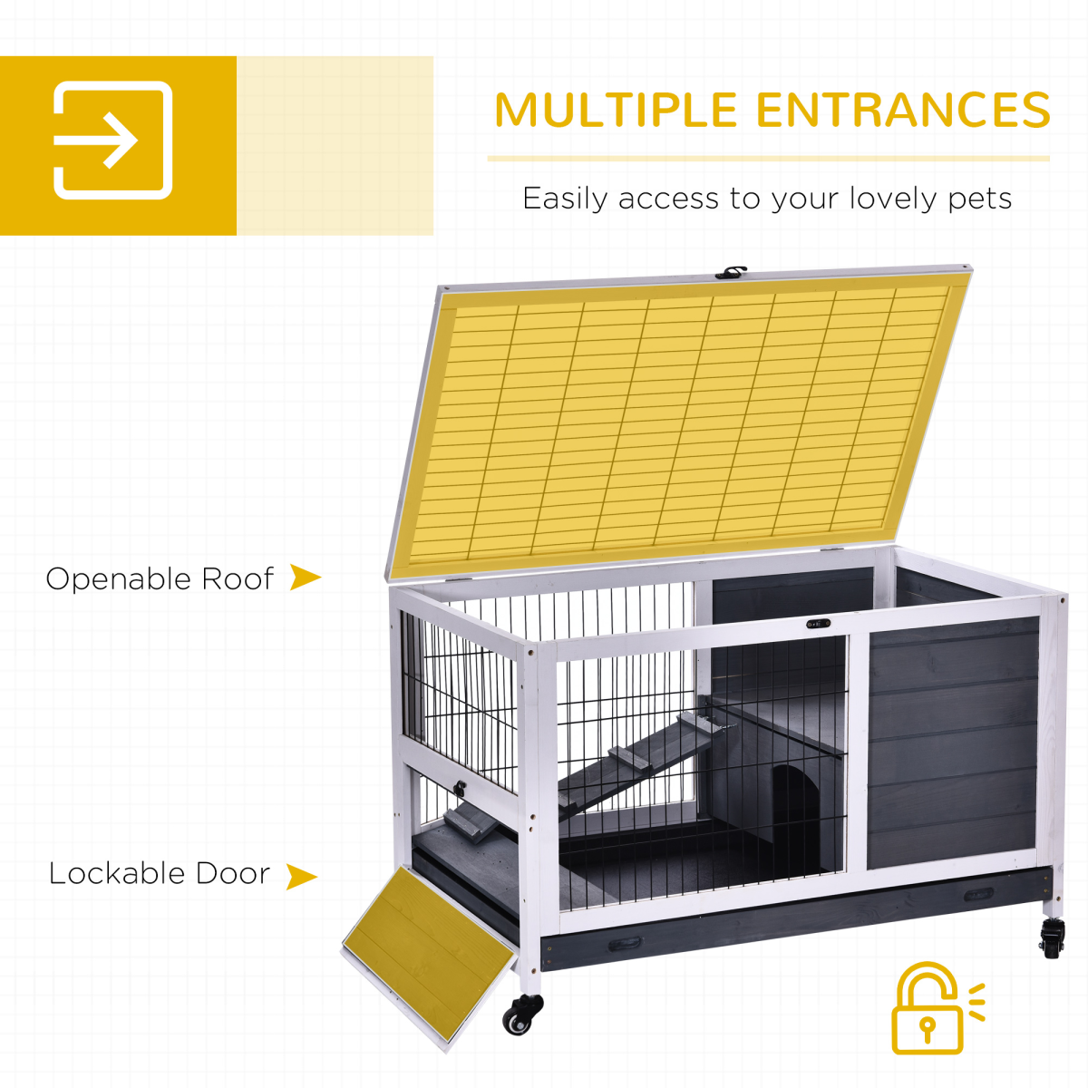 Wood Indoor Rabbit Hutch, 2-Floor Elevated Cage with Wheels
