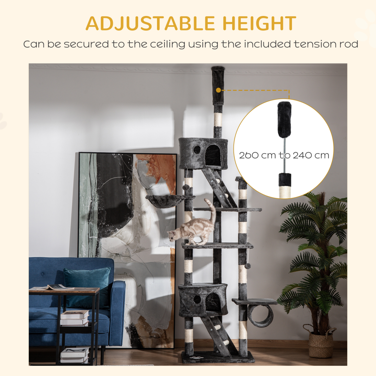 PawHut 240-260cm Floor to Ceiling Cat Tree with Scratching Posts, Cat Houses, Ramps, Hammocks and Tunnel - Dark Grey