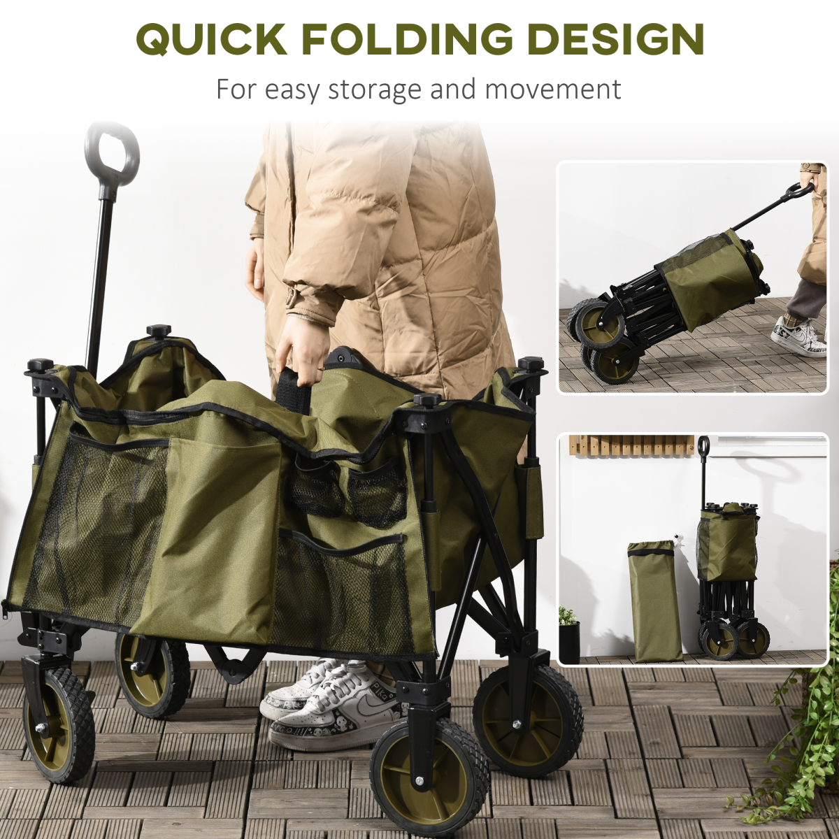 Outsunny Folding Garden Trolley, 4 Wheels, Brakes, 100kg Load