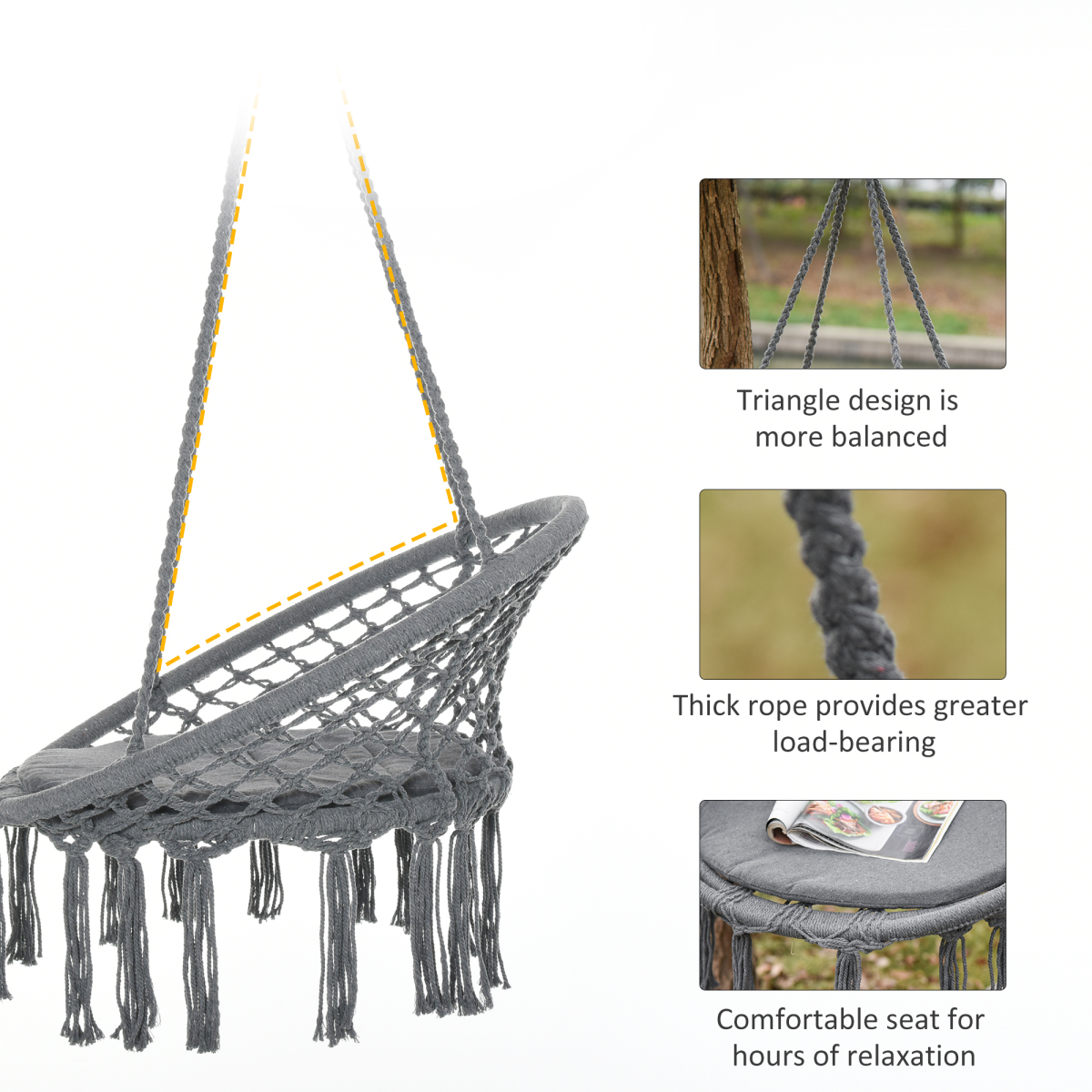 Outsunny Grey Macrame Hanging Chair Swing Hammock with Backrest, Padded Seat Cushion