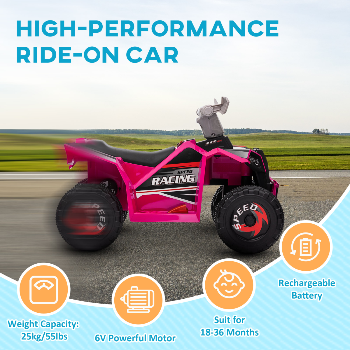 HOMCOM 6V Kids Electric Quad Bike Ride-On ATV, Pink, 18-36 Months